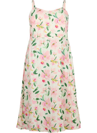 Floral viscose strap dress with smocking, Off White Flower, Packshot image number 0