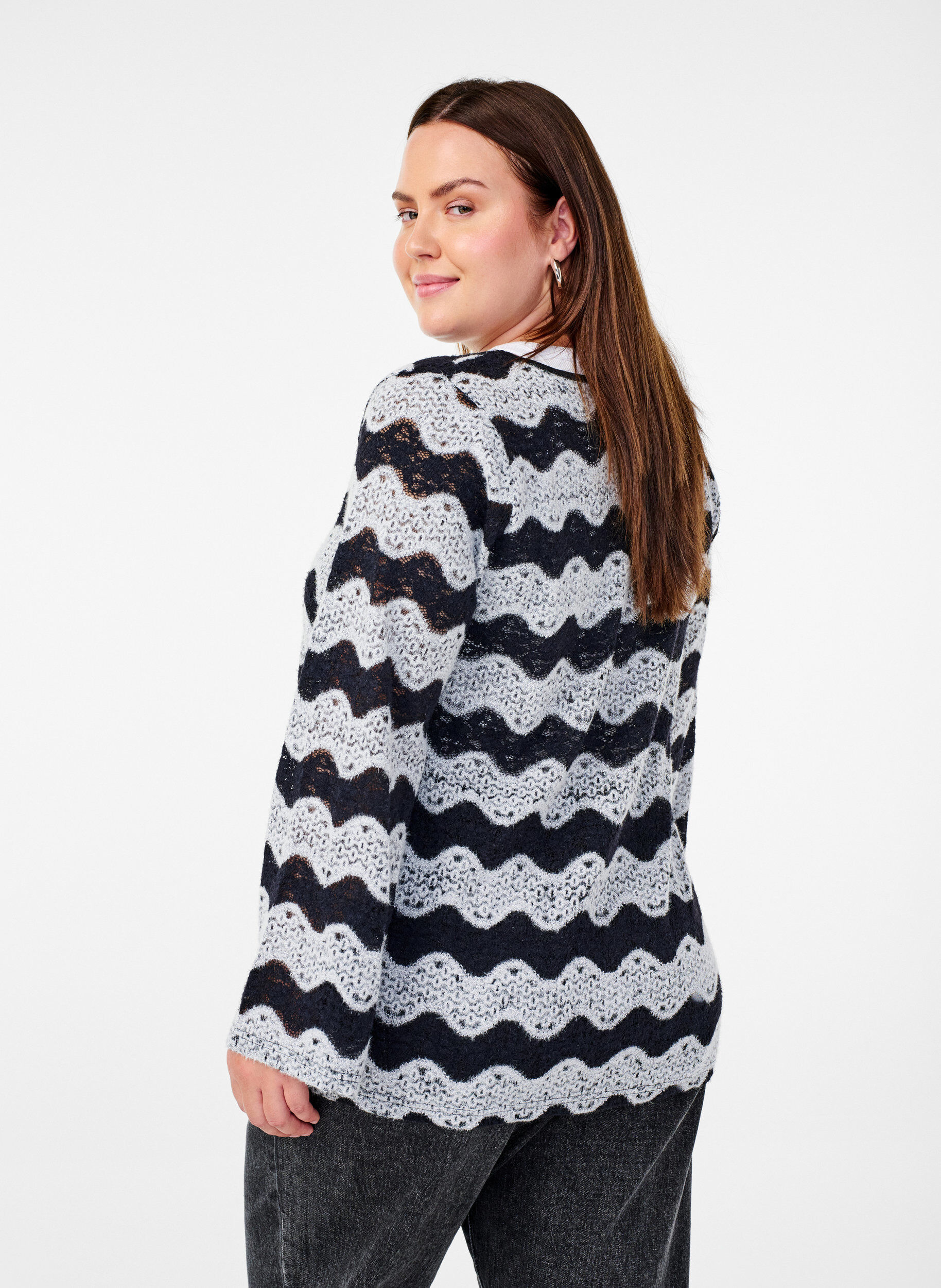 Zizzifashion Knitted cardigan with wave pattern, Black Stripe, Model image number 1