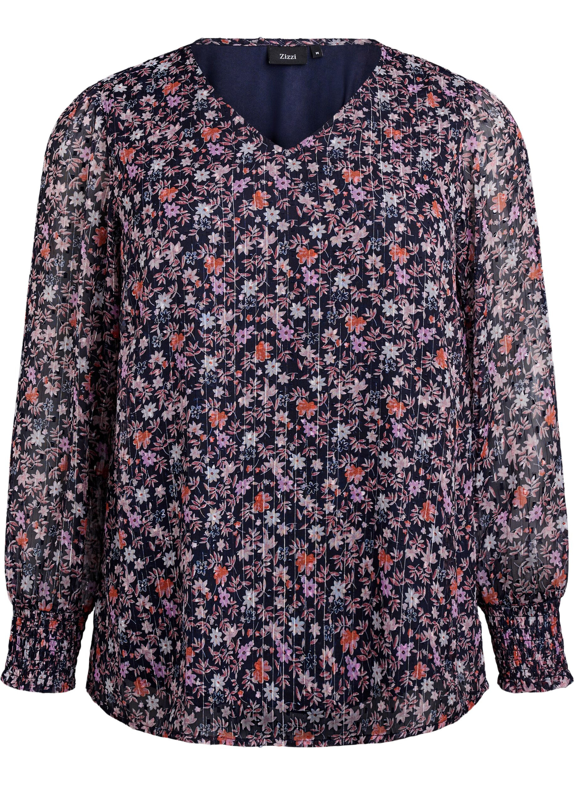 ZizzifashionBlouse with floral print and glitter thread, Blue, Packshot image number 0