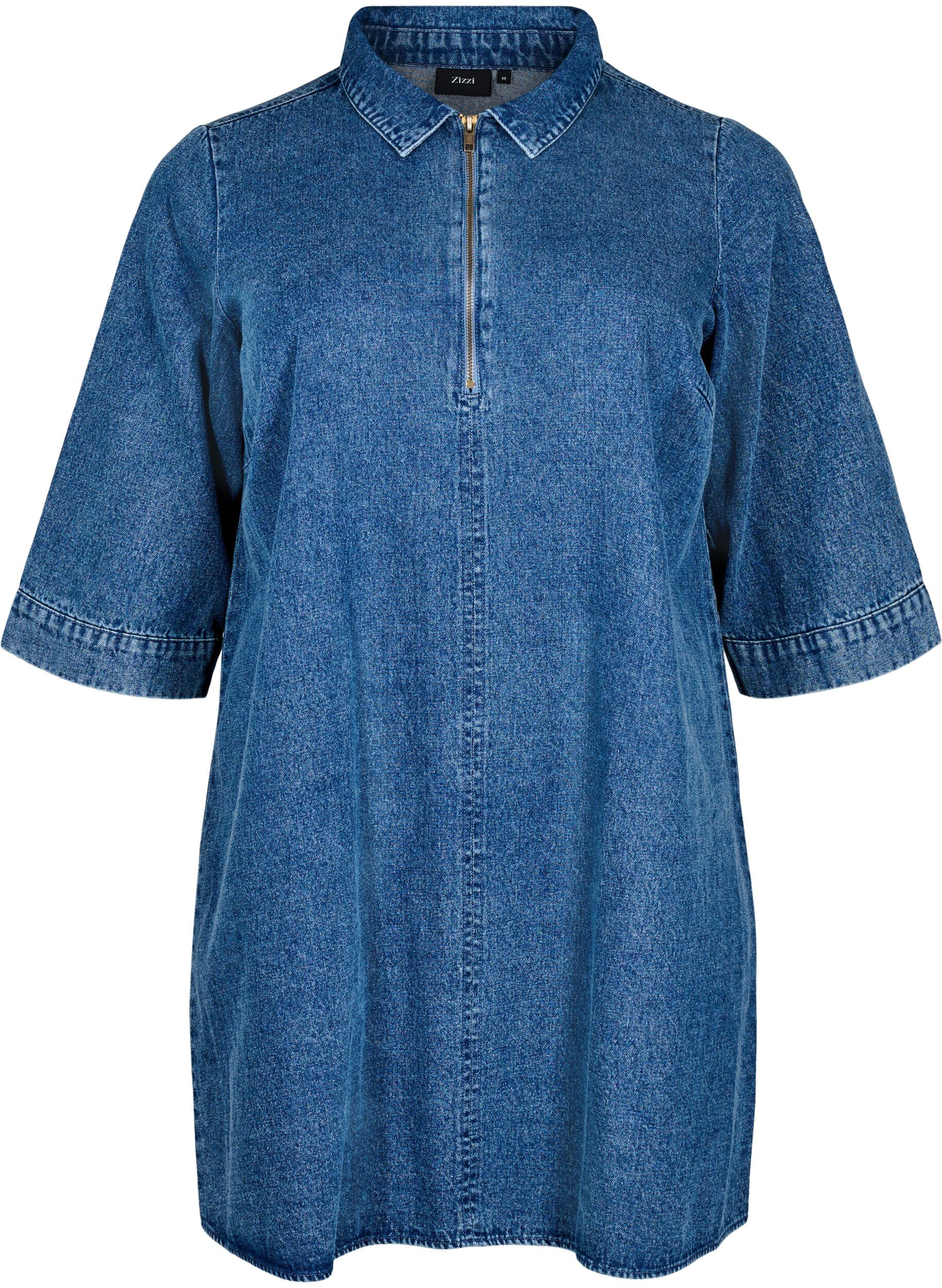 Short denim dress with zipper and 3/4 sleeves