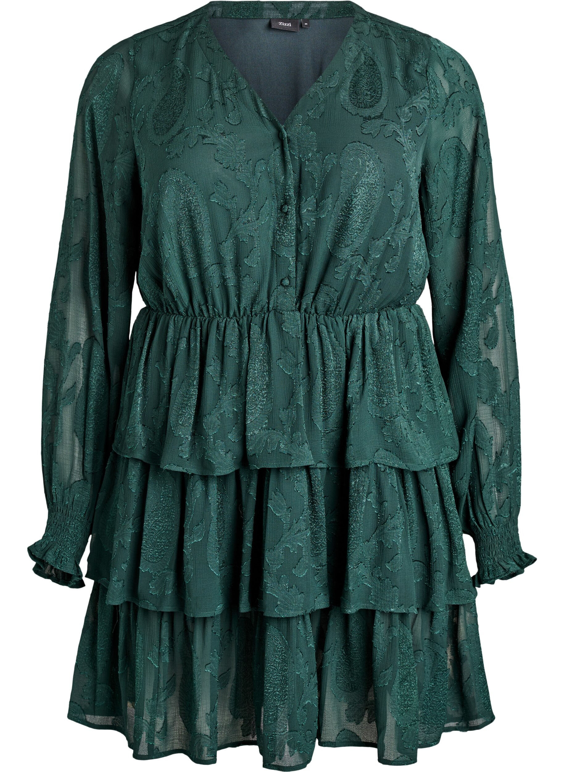ZizzifashionShort dress with ruffles and a textured pattern, Green, Packshot image number 0
