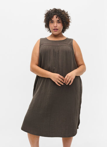 Sleeveless cotton dress in a-shape, Khaki, Model image number 0