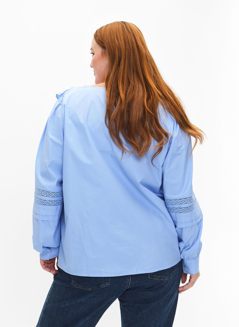 Blouse with ruffles and lace trim, Light Blue, Model image number 2