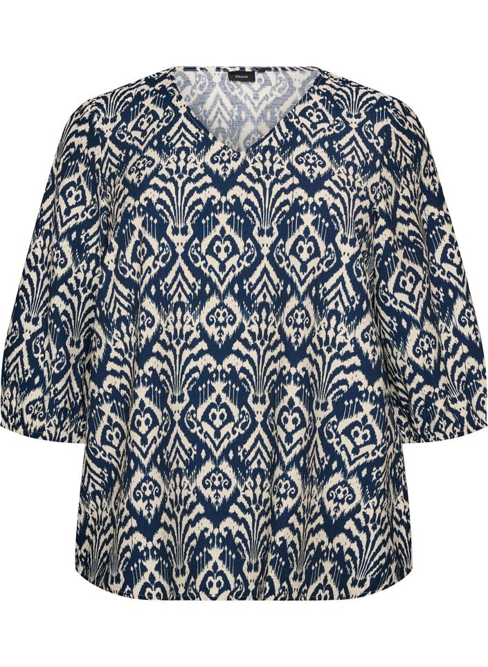 Patterned viscose blouse with 3/4-sleeves, Blue, Packshot image number 0