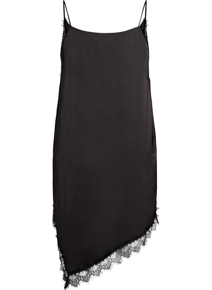 Satin-look dress with lace trim, Black, Packshot