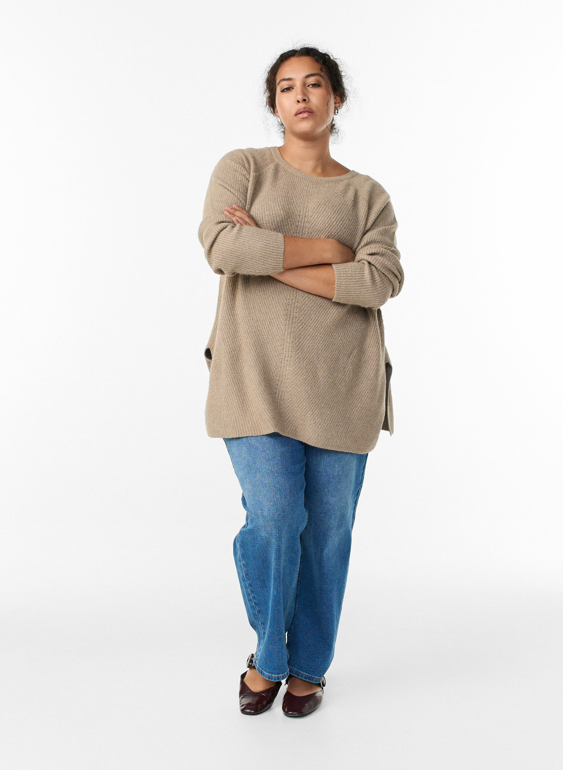 Zizzifashion Knitted jumper with a diagonal pattern and raglan sleeves, Beige, Model image number 1