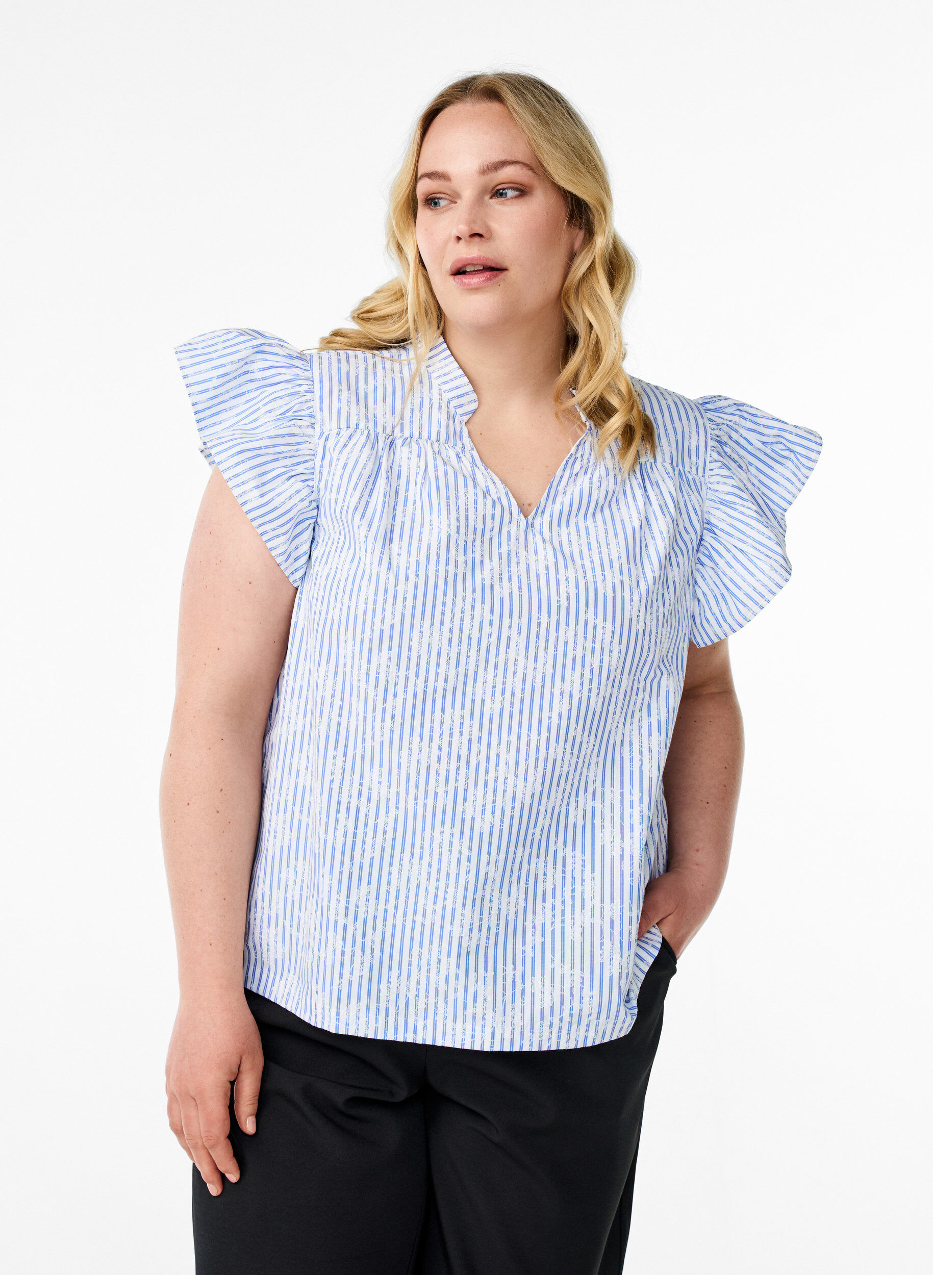 Zizzifashion Sleeveless blouse with stripes and floral print, Light Blue, Model image number 0