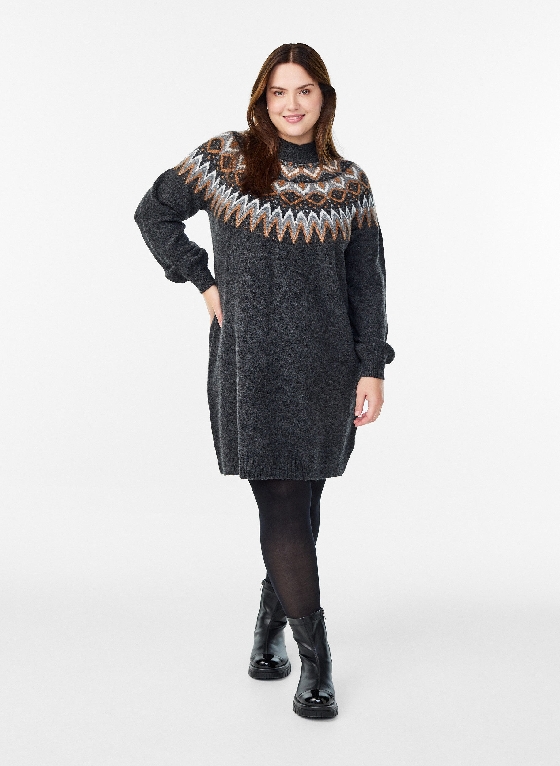 Zizzifashion Knitted dress with jacquard pattern and balloon sleeves, Dark Grey, Model image number 1