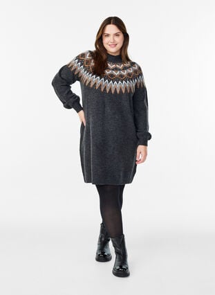 Knitted dress with jacquard pattern and balloon sleeves - Dark Grey - Sz. 40-64 - Zizzifashion Knitted dress with jacquard pattern and balloon sleeves - Dark Grey - Sz. 40-64 - Zizzifashion
