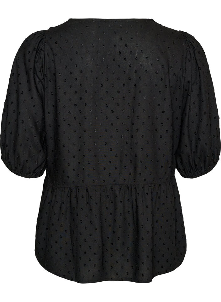Viscose blouse with a dotted texture and V-neck, Black, Packshot image number 1