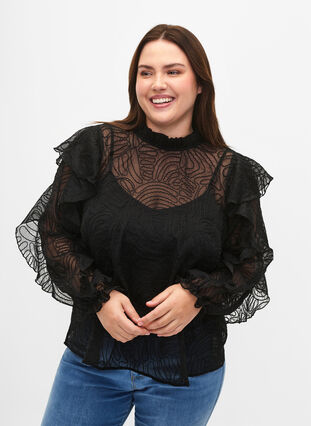 Ruffle blouse in chiffon with structure, Black, Model image number 0