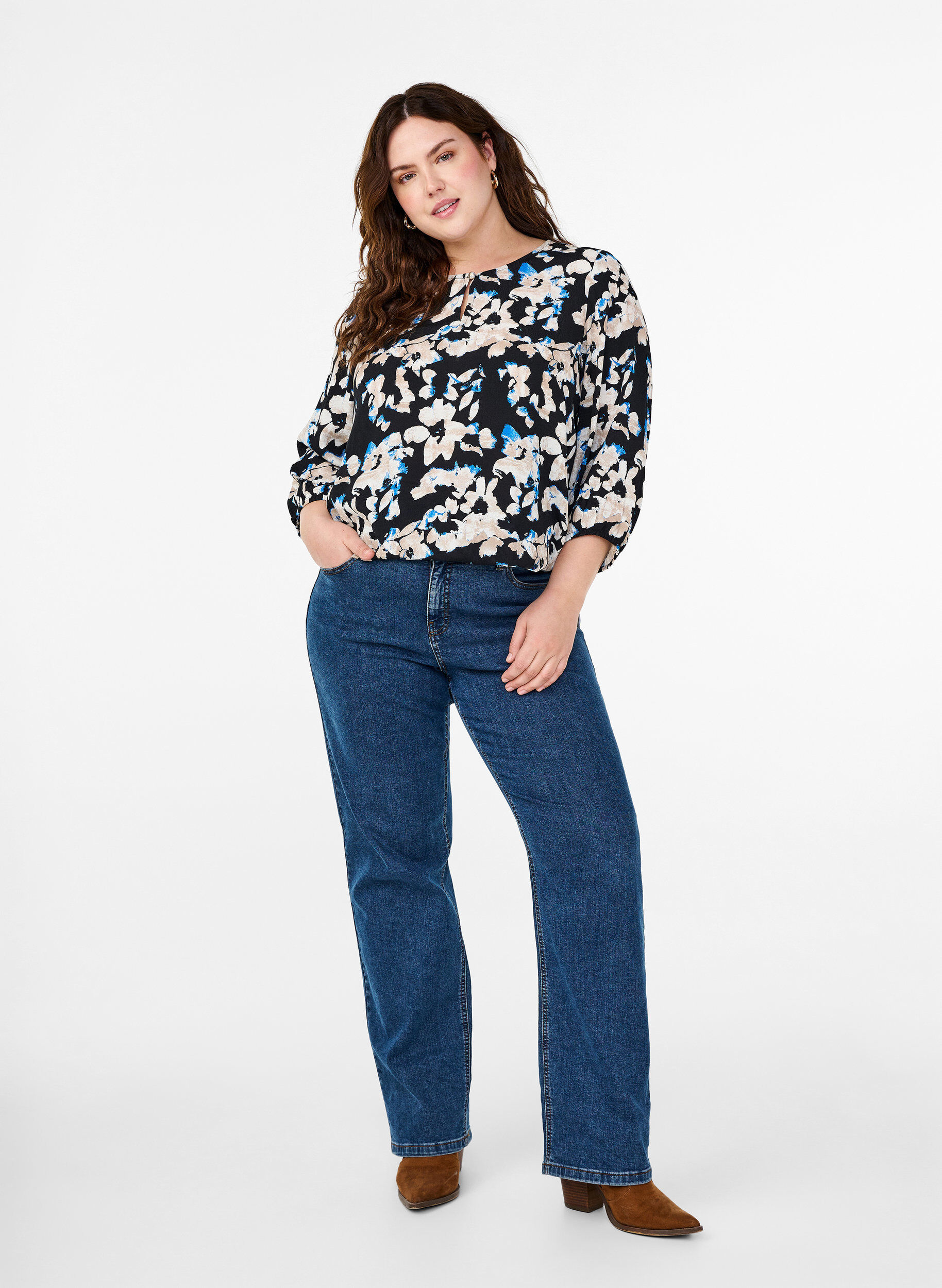 Zizzifashion Viscose blouse with print and smock, Black, Model image number 1