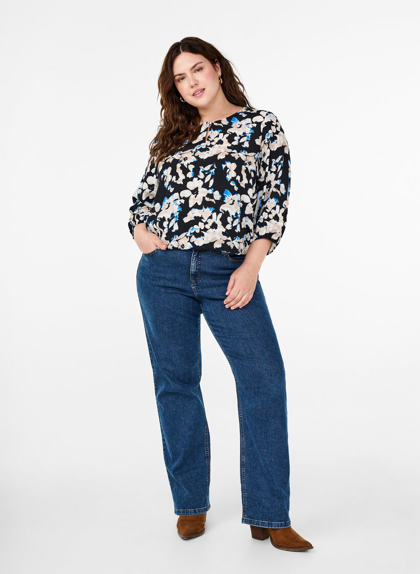 Viscose blouse with print and smock, Black, Model image number 1