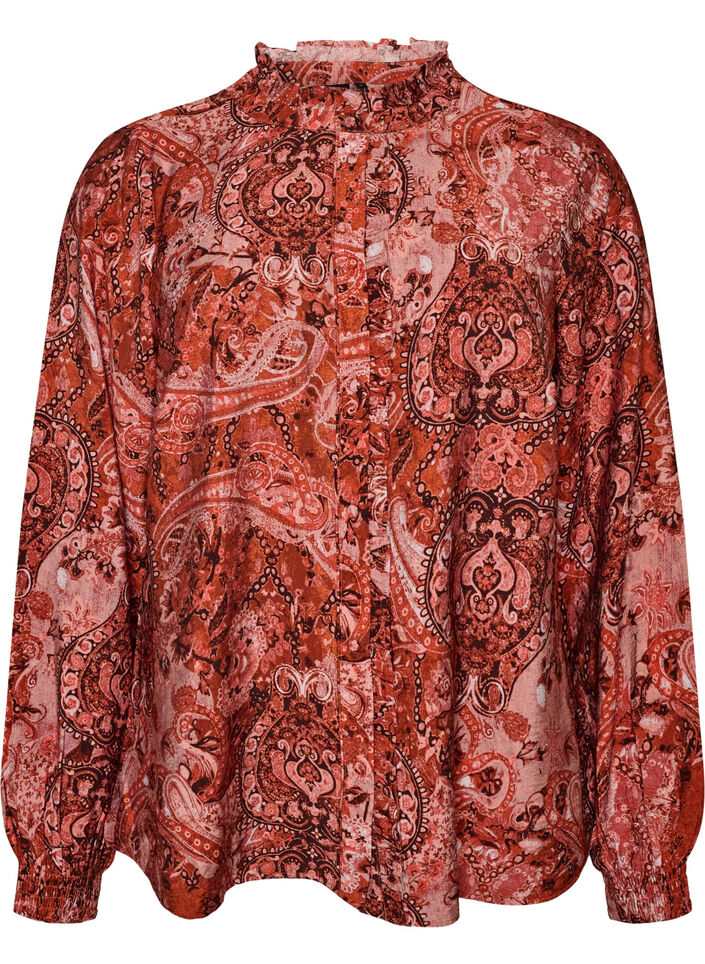 Viscose blouse with paisley print and ruffles, Orange, Packshot image number 0