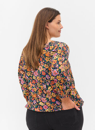 Floral viscose blouse with smock, Multi Flower AOP, Model image number 1