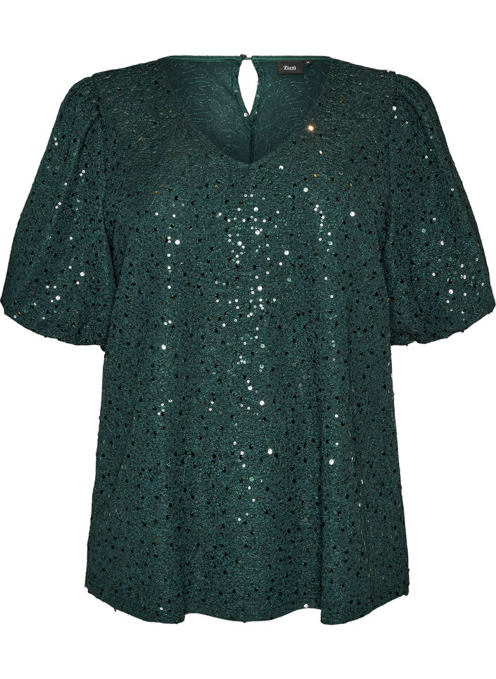 Sequin blouse with balloon sleeves, Green, Packshot image number 0