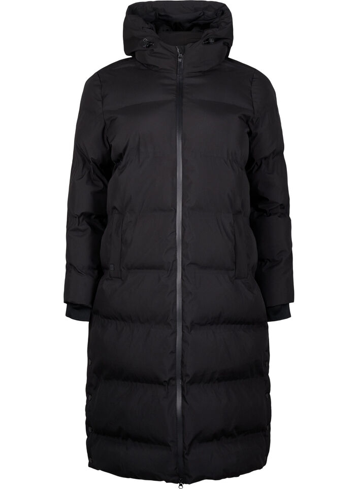 Long puffer winter coat with hood, Black, Packshot image number 0