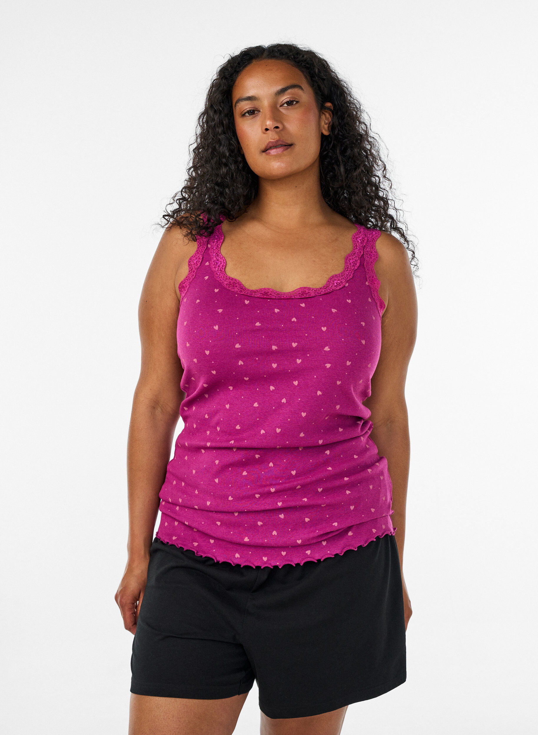 ZizzifashionTop with print and lace edge, Purple, Model image number 0