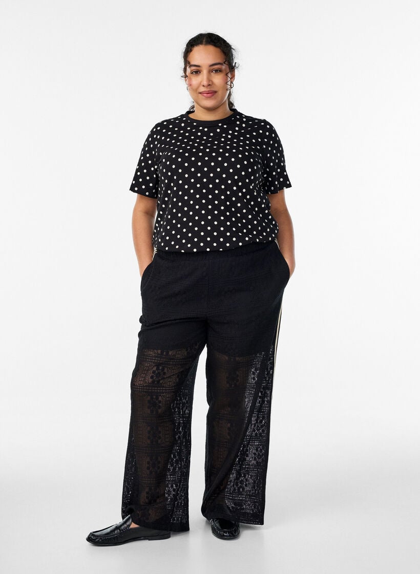 Wide-leg lace trousers with contrast stripes, Black, Model image number 1