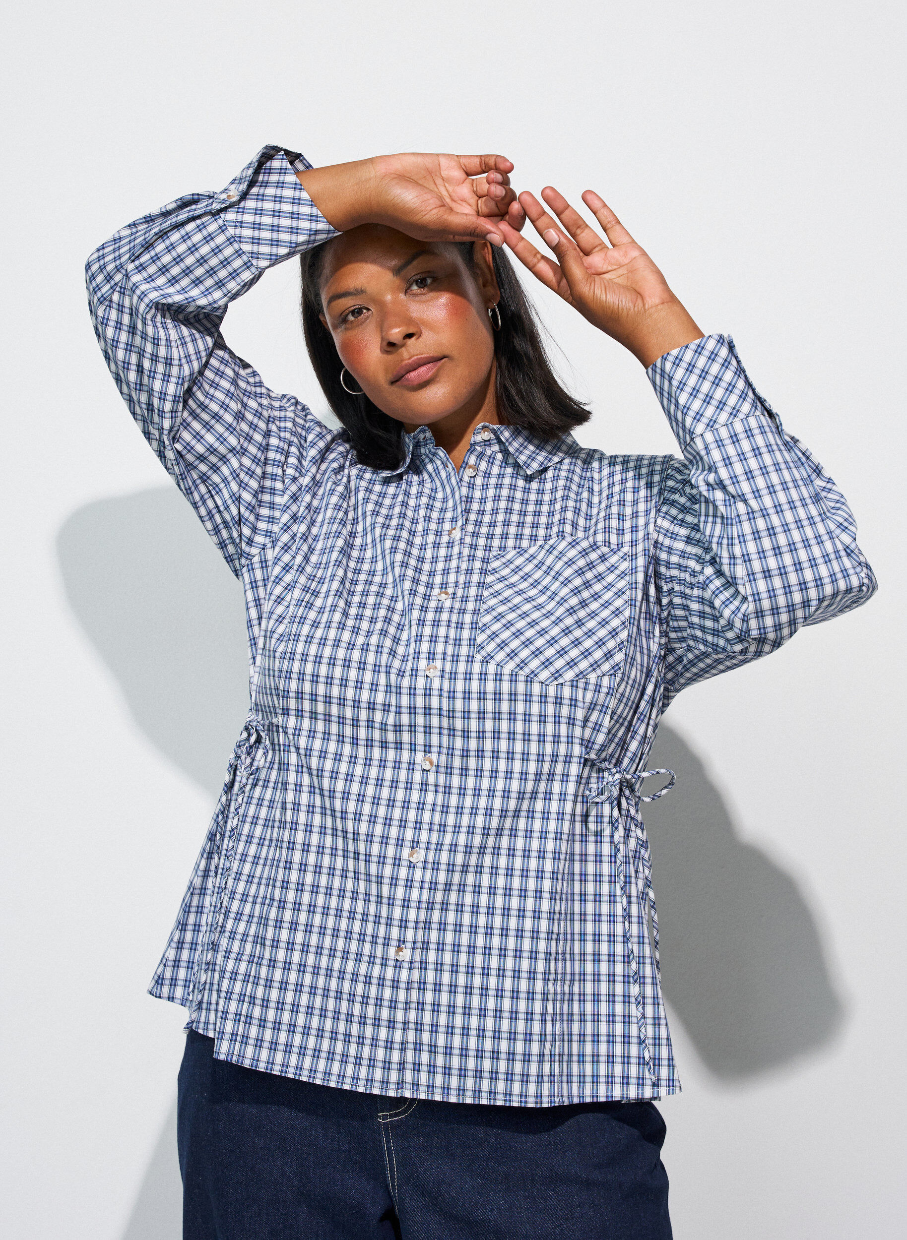 ZizzifashionLoose checked shirt with a tie-belt, Blue, Model image number 0