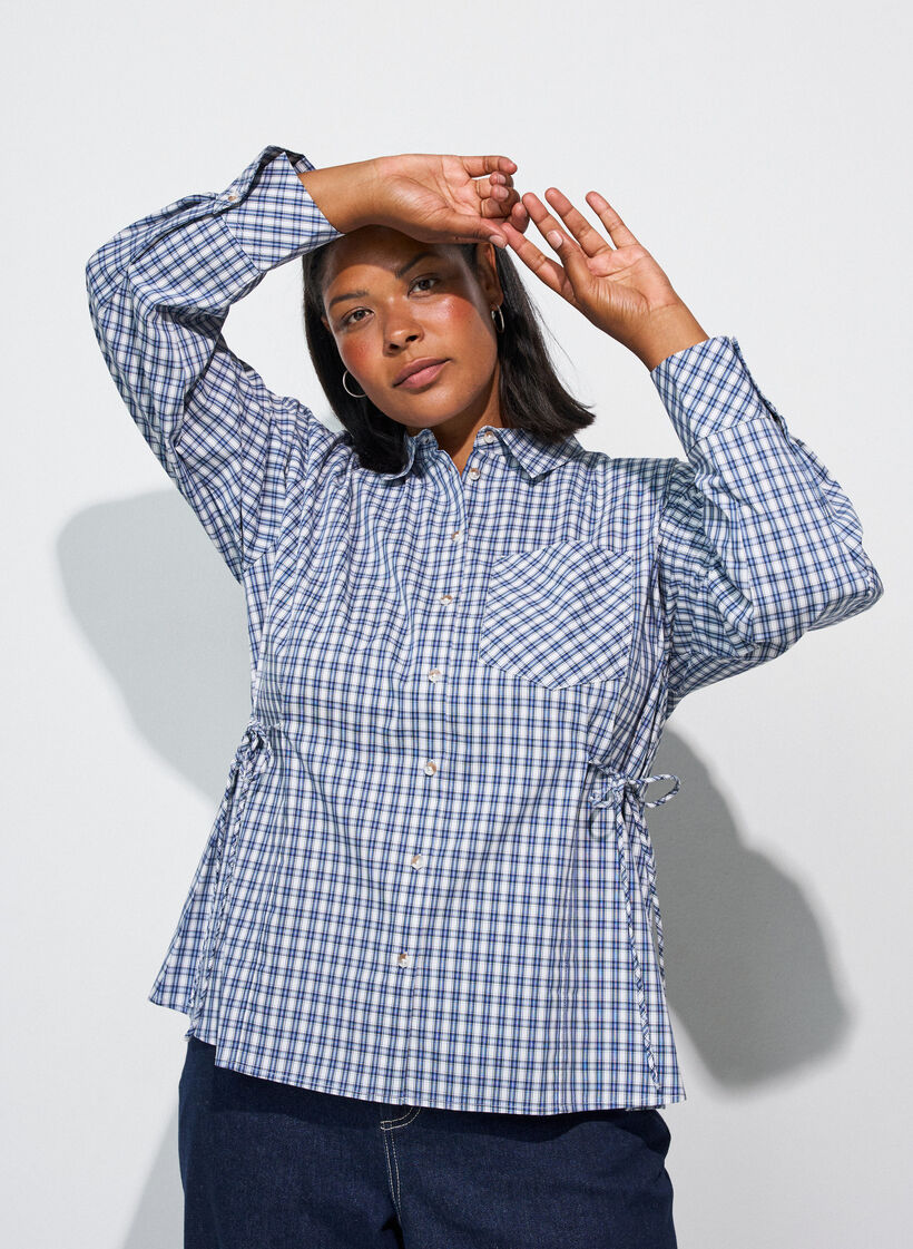Loose checked shirt with a tie-belt, Blue, Model image number 0
