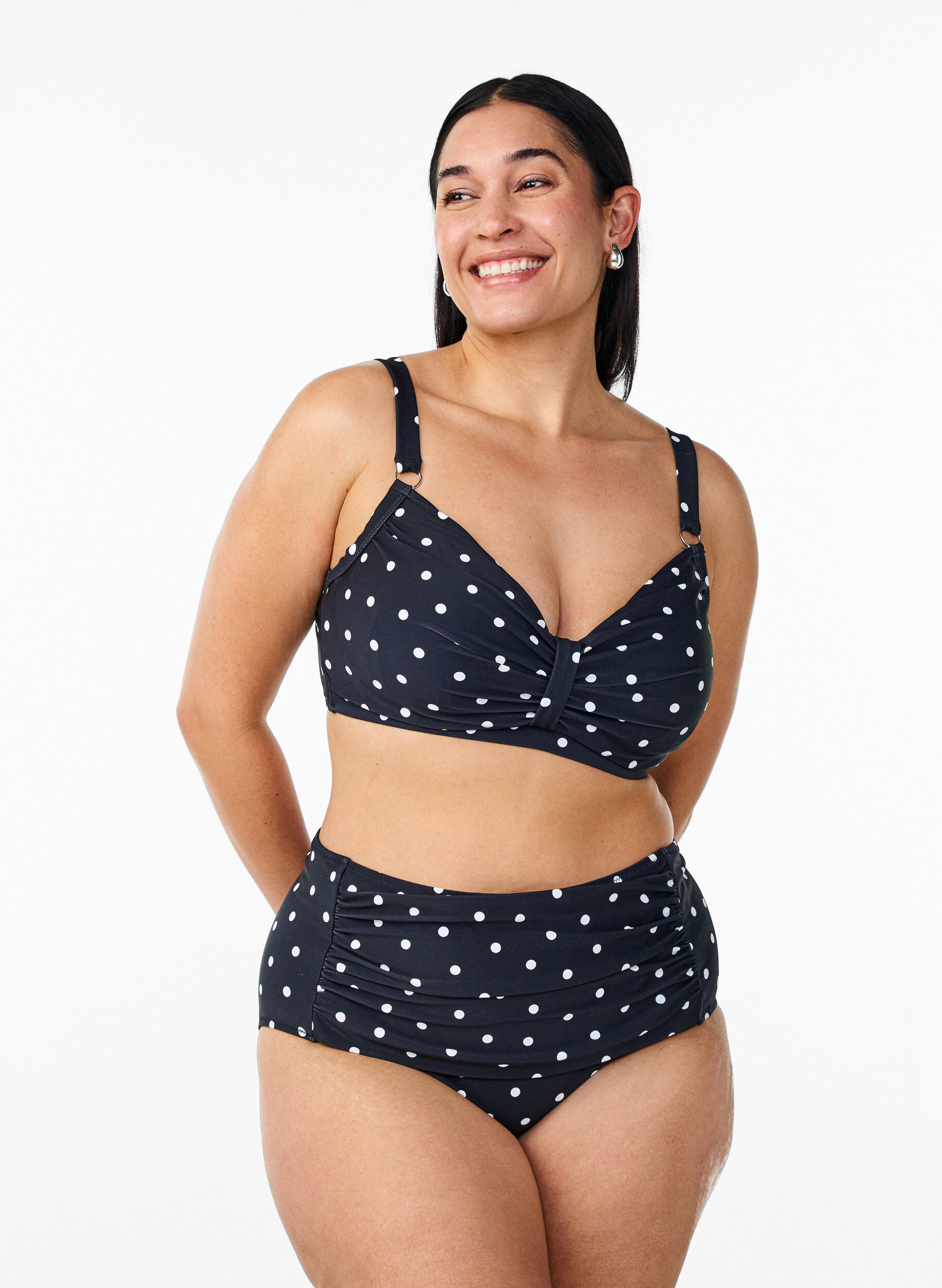 High-waisted bikini bottoms with polka dots, Black, Model
