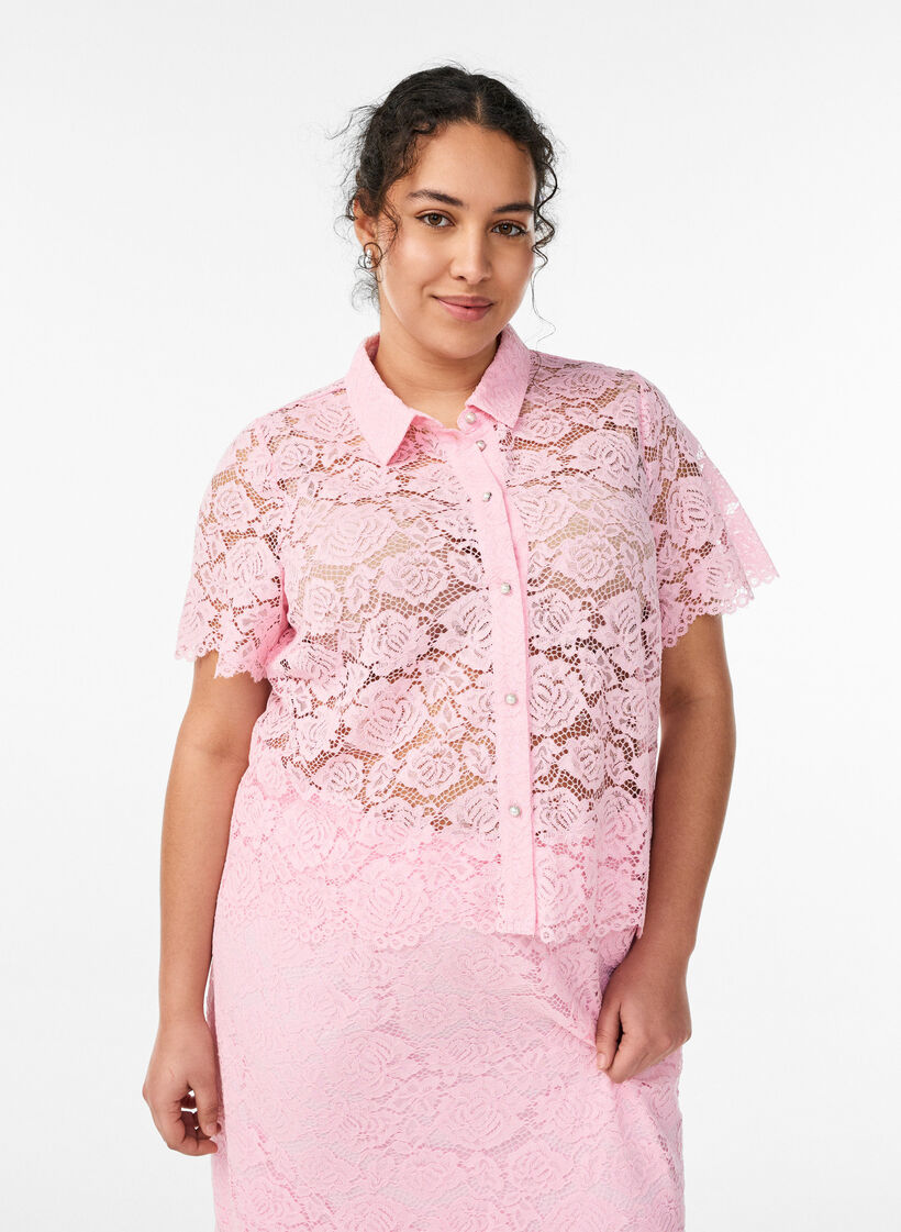 Lace shirt blouse with pearl buttons, Rose, Model