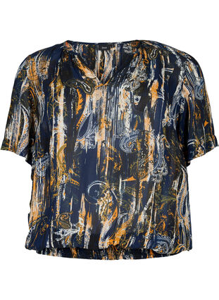Short-sleeved viscose blouse with smock, Navy Blazer AOP, Packshot image number 0