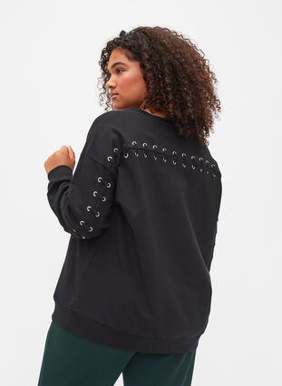 Cotton sweatshirt with lace details, Black, Model image number 1