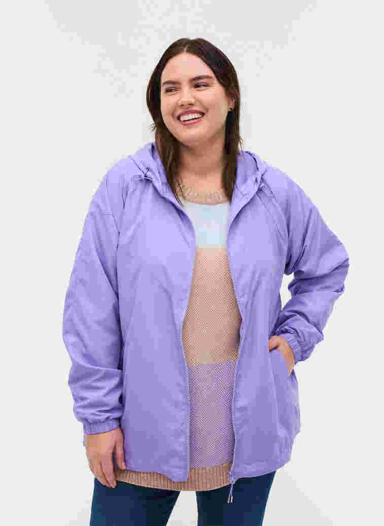 Short jacket with hood and adjustable bottom hem, Paisley Purple, Model image number 0