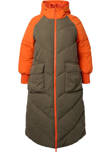 Long colorblock winter jacket with hood, Bungee Cord Comb, Packshot image number 0
