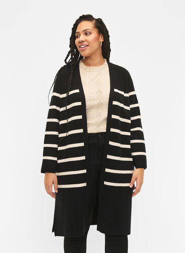 Striped knit cardigan in viscose blend, Black w. Birch, Model image number 0