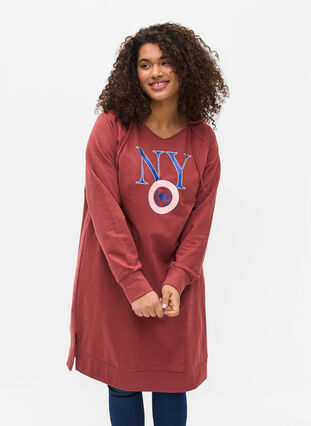 Sweater dress with hood and print details, Apple Butter PRINT, Model image number 0