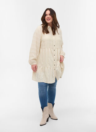 Patterned viscose tunic with buttons and long sleeves, Fog, Model image number 2