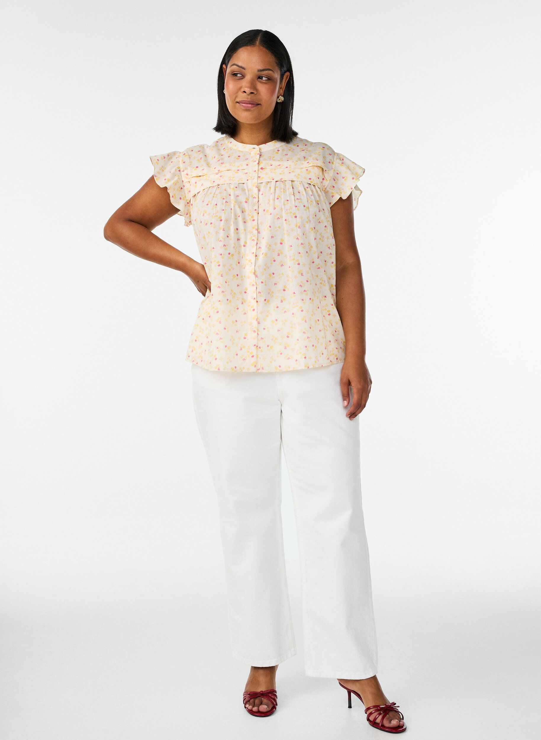 ZizzifashionSleeveless A-line cotton shirt blouse, Yellow, Model image number 1