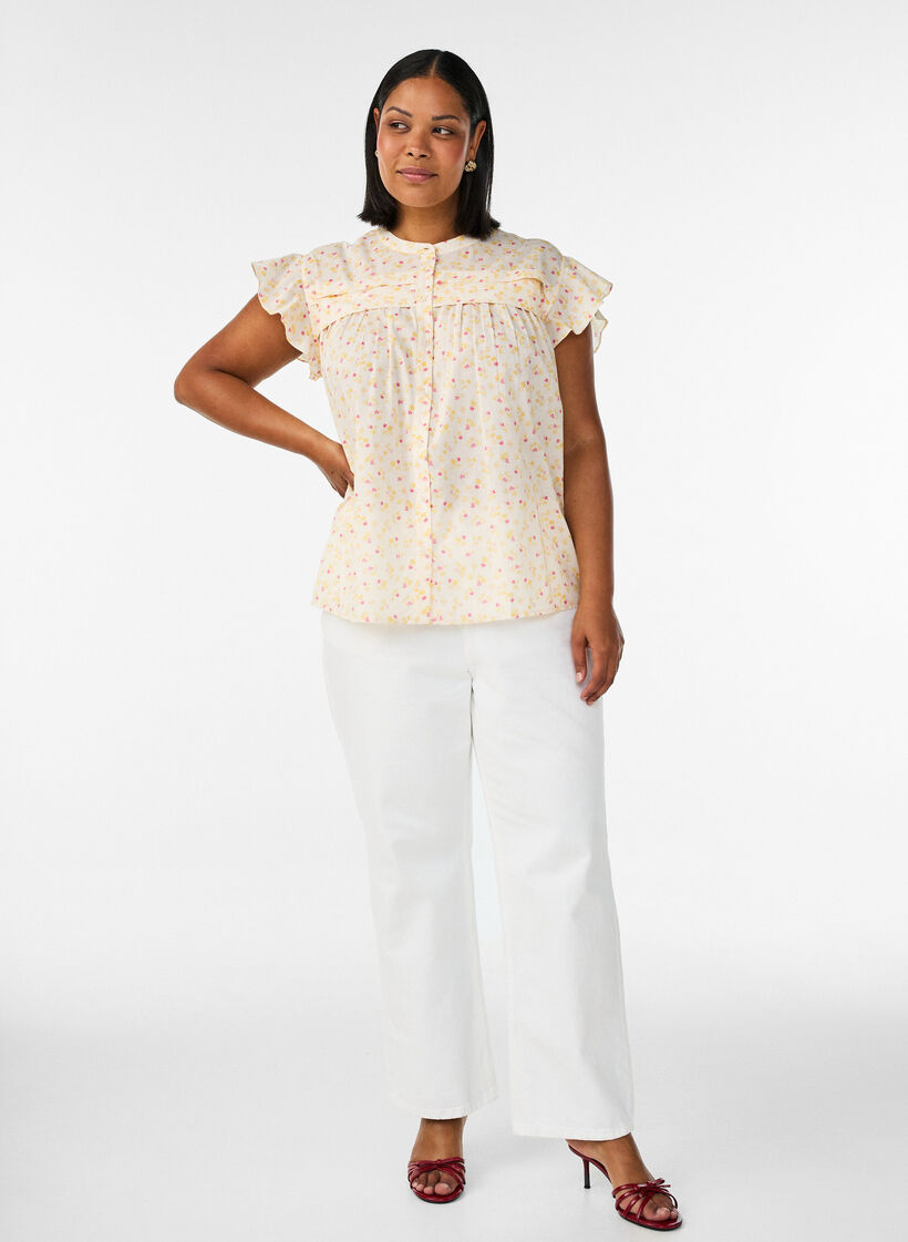 Sleeveless A-line cotton shirt blouse, Yellow, Model image number 1