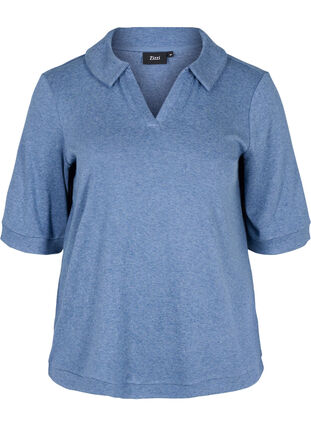 Marled blouse with collar and 2/4 sleeves, Blue Melange, Packshot image number 0