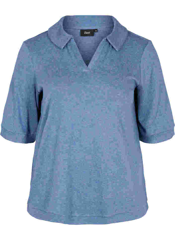 Marled blouse with collar and 2/4 sleeves, Blue Melange, Packshot image number 0