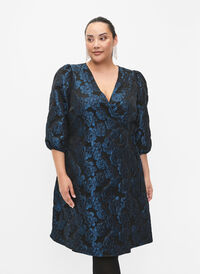 Jacquard wrap dress with 3/4 sleeves, Black Blue, Model