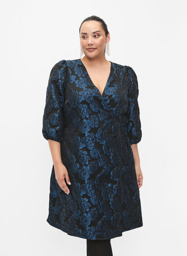 Jacquard wrap dress with 3/4 sleeves, Black Blue, Model image number 0
