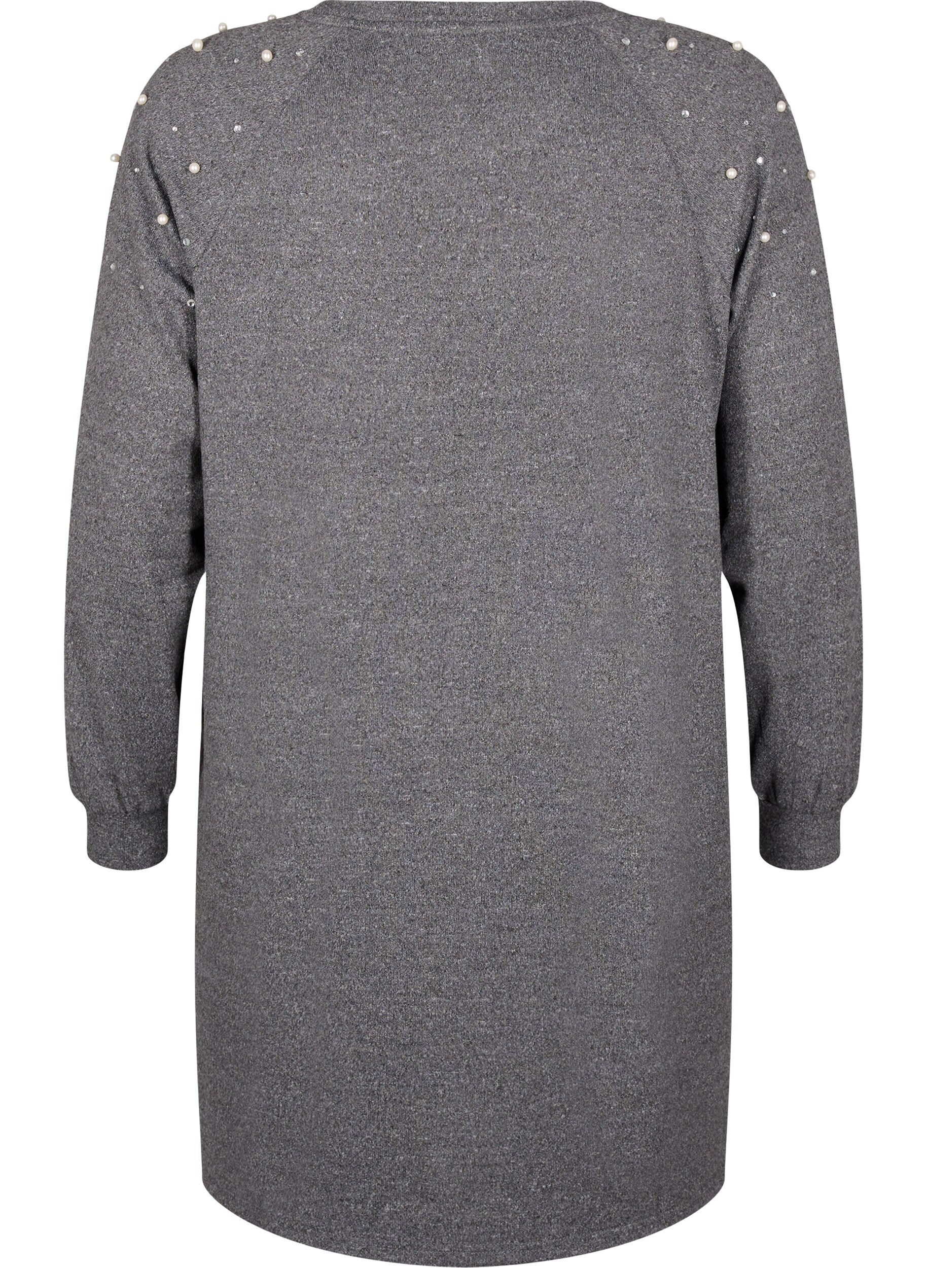 Zizzifashion Long-sleeved dress with pearls, Dark Grey, Packshot image number 1