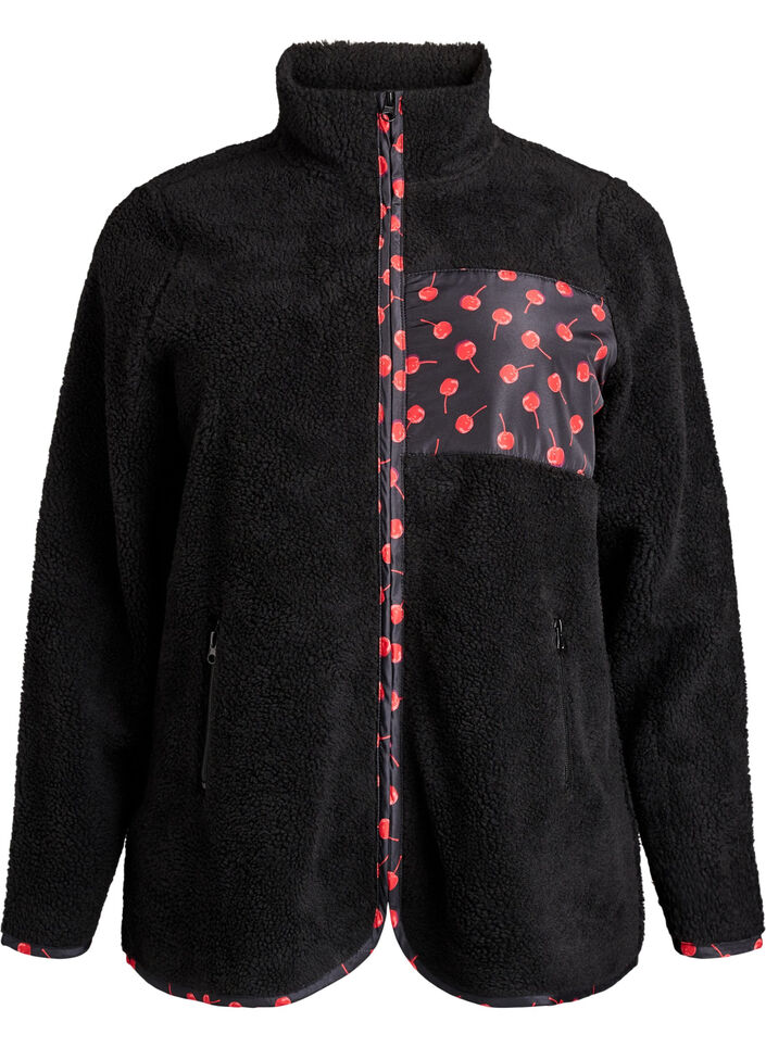 Teddy-fleece jacket with cherry details, Black, Packshot image number 0