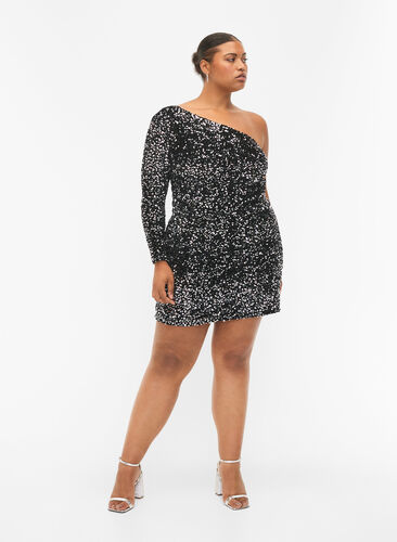 Short one-shoulder dress with sequins, Black/Silver Sequins, Model image number 3