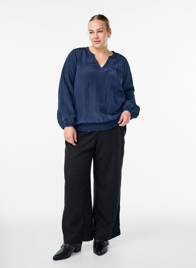 Blouse with V-neck and crinkled texture, Blue, Model image number 1