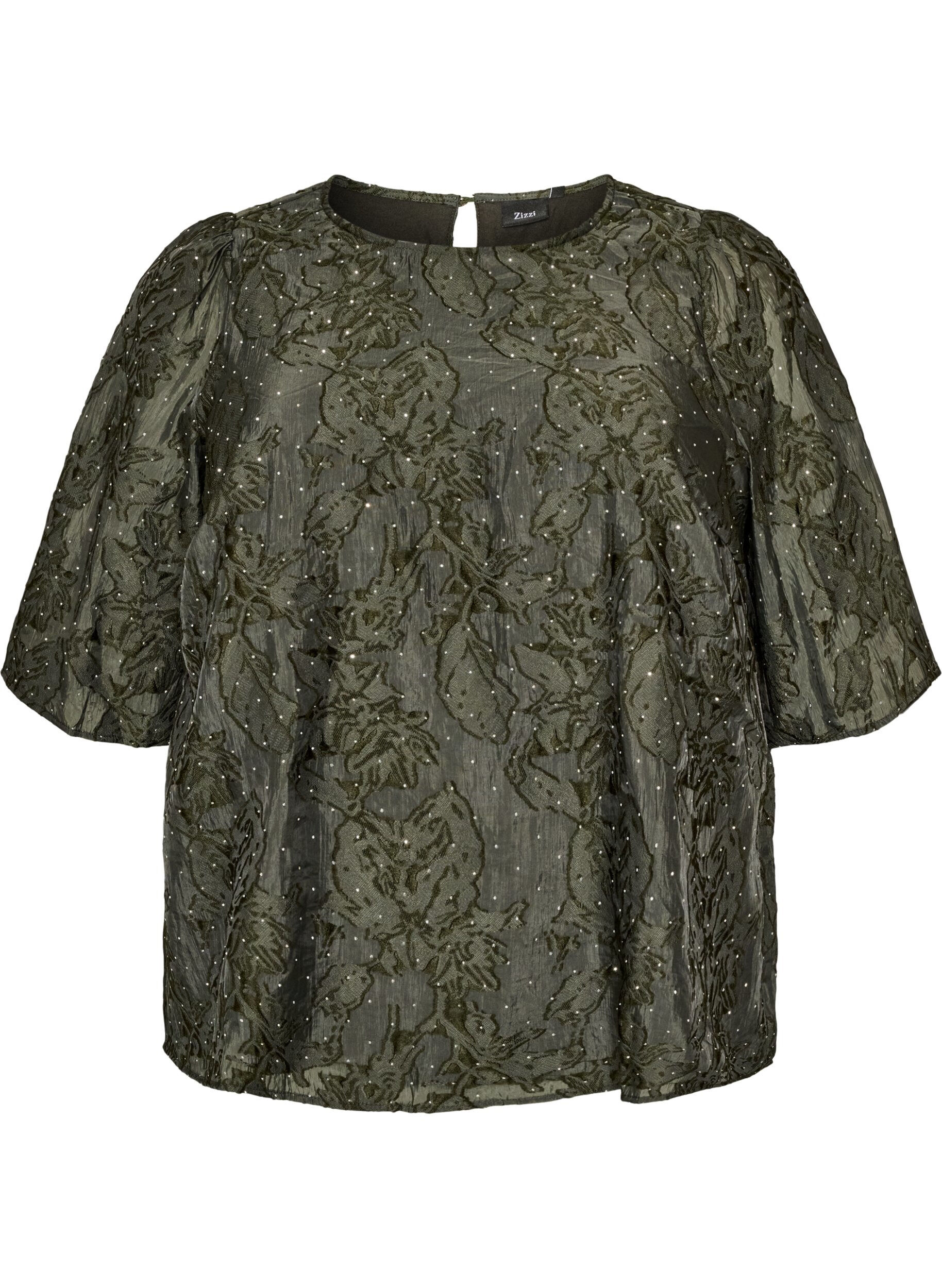 Jacquard blouse with sparkly details and puff sleeves