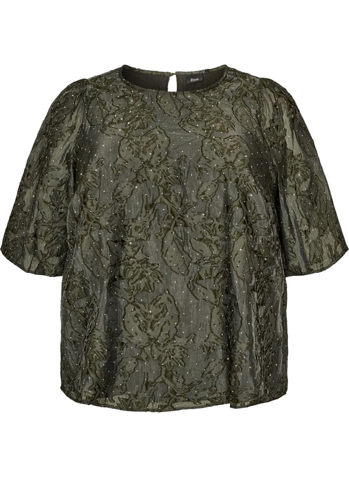 Jacquard blouse with sparkly details and puff sleeves, Green, Packshot image number 0