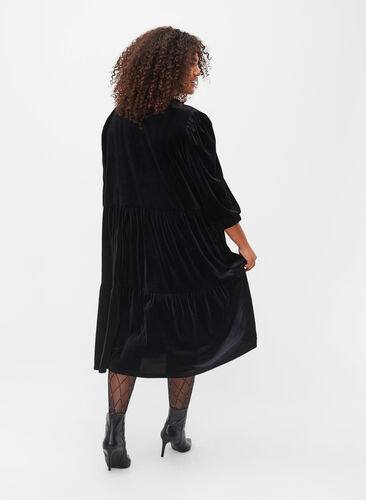 Velvet dress with ruffle collar and 3/4 sleeves, Black, Model image number 1