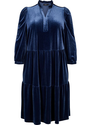 Velvet dress with ruffle collar and 3/4 sleeves, Navy Blazer, Packshot image number 0