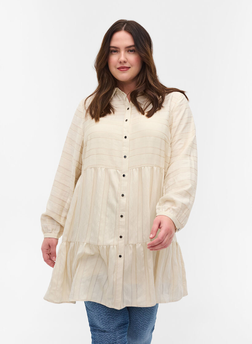 Patterned viscose tunic with buttons and long sleeves, Fog, Model image number 0