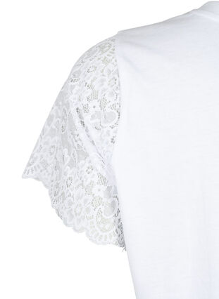 Cotton t-shirt with short lace sleeves, Bright White, Packshot image number 3